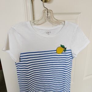 LOFT WOMEN'S Short Sleeve T-SHIRT BLUE WHITE STRIPE w/LEMON